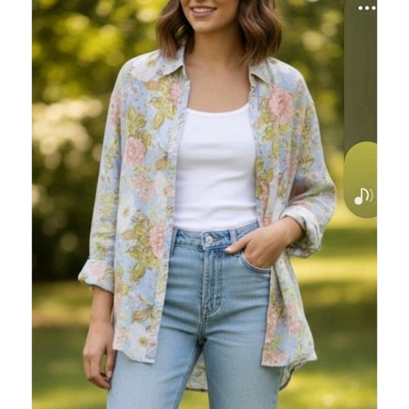 Joie Tops - Joie M 100% Linen Long Sleeve Button-Up Shirt Blouse Blue Pink Floral Print...